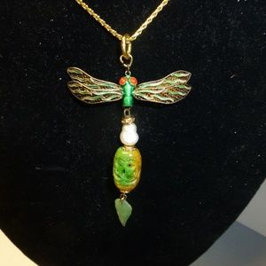 SOLDDD Art Nouveau enamel dragonfly JADE pearl